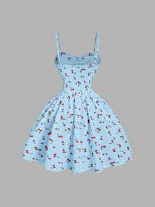 SHEIN MOD Đầm thanh lịch thắt eo phối màu in hình quả anh đào, thích hợp cho mùa hè, lễ hội, nhiệt đới, sang trọng, nghỉ mát, quyến rũ, tiệc tùng, thướt tha, tiệc trà, tiệc brunch, phong cách cổ tích, trang phục đẳng cấp dành cho phụ nữ. - Màu xanh lam - Xem 2