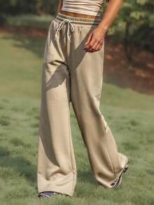 WanderVale Pantalones anchos casuales de cintura con cordón para mujer - Gris - Ver 4