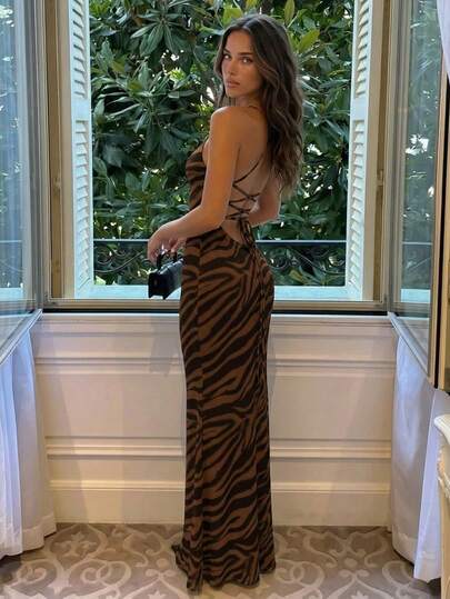 Aloruh Đầm nữ thanh lịch, gợi cảm họa tiết da báo, hở lưng, cổ yếm, thích hợp cho kỳ nghỉ, tiệc tùng, họp mặt, phong cách cổ điển, khu nghỉ dưỡng biển, khách sạn nghỉ dưỡng.