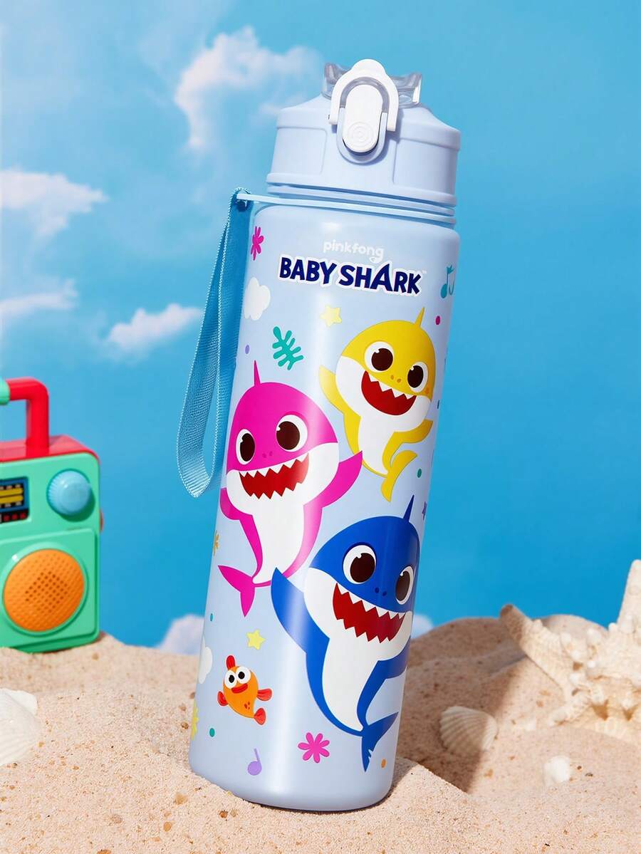 BABY SHARK X SHEIN Botella de agua de 750 ml / 25 oz con pajita de silicona y tapa a prueba de derrames, adecuada para viajes, turismo y uso escolar - Celeste - Ver 1