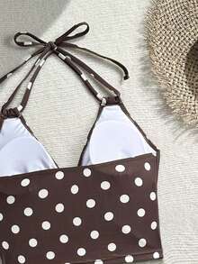 SHEIN Swim Mod 3pcs Polka Dot Contrast Color Print Ruffle Hem Halter Swimsuit Set, Spring/Summer - Multicolor - View 8