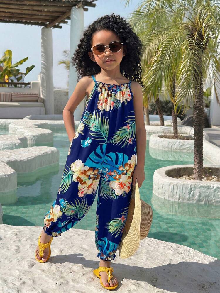 SHEIN Young Girl Vacation Casual Chiffon Ditsy Floral Jumpsuit - Navy Blue - View 1
