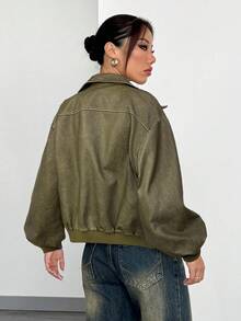 SHEIN EZwear Chaqueta de piel PU de estilo militar verde envejecida, nueva llegada para el otoño - Verde militar - Ver 2