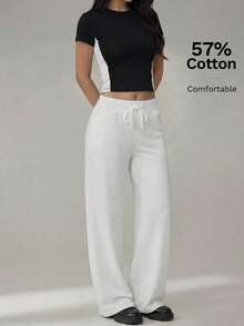 SHEIN PETITE Comfortable And Casual Plain Knit Low-Rise Wide-Leg Women Sweatpants - White - View 9