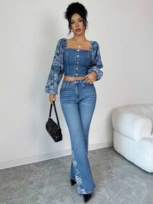 Elenzga 2pcs/Set Women's Stylish Denim Outfit, Long Sleeve Cold-Shoulder Top And High Waist Pants - Medium Wash - View 5