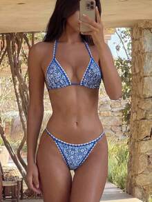 Swim Mod Nuevo bikini azul, traje de baño sexy con lazos para vacaciones en la playa para mujeres, primavera/verano - Azul - Ver 1