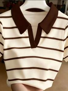 Plus Size Women Striped Patchwork Casual Versatile Daily Wear Short Sleeve Top - Multicolor - View 1