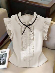 Elladie kids 少女春夏休闲优雅通勤甜美圆领无袖荷叶边复古风衬衫，纯色衬衫 - 杏色 - 查看 4