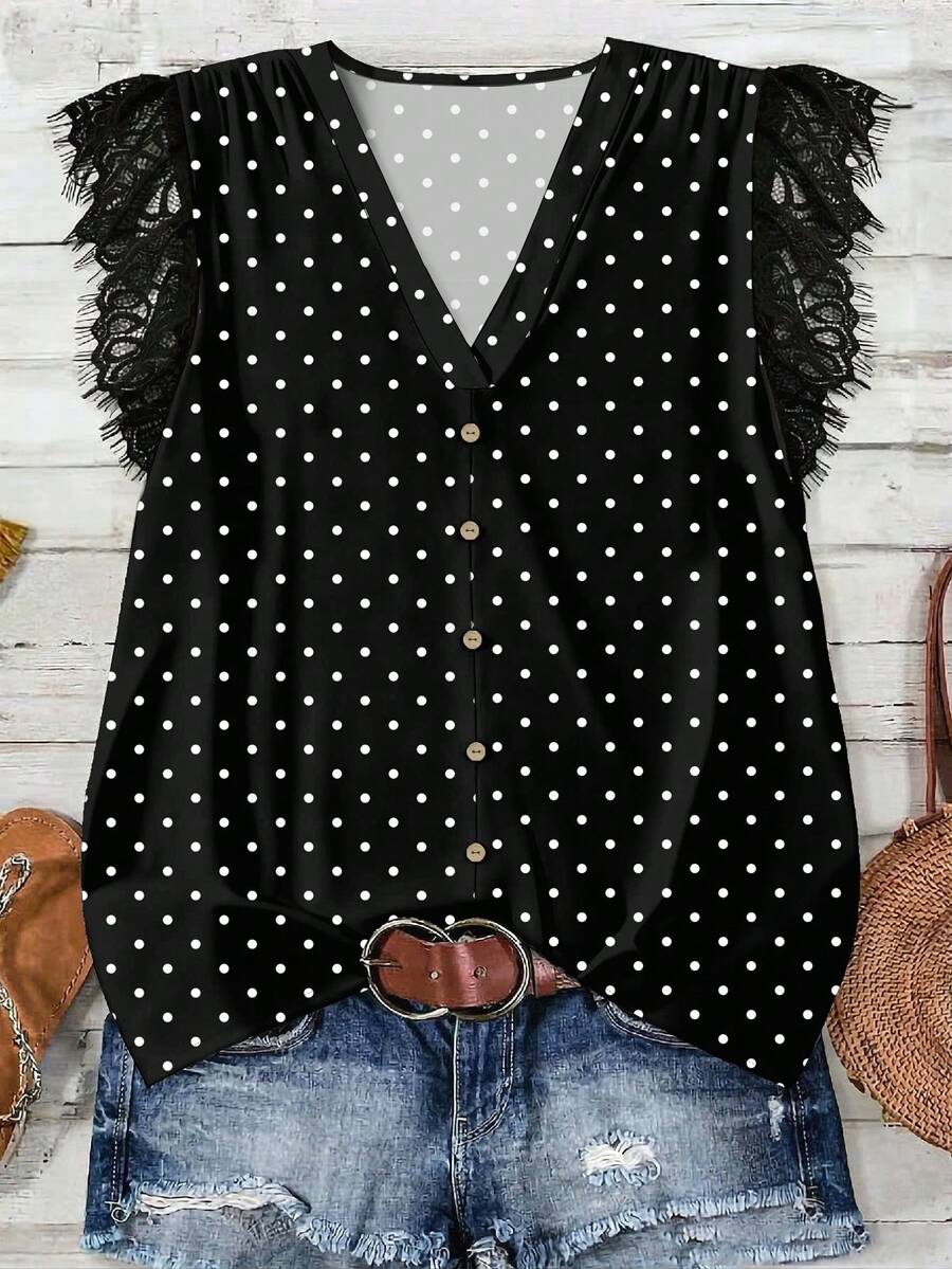 Plus Size Polka Dot Print V-Neck Lace Cuff Blouse Zoey Outfit Zipper Top Latest Tops For Women New Arrivals Zoo Outfits Women - Multicolor - View 1