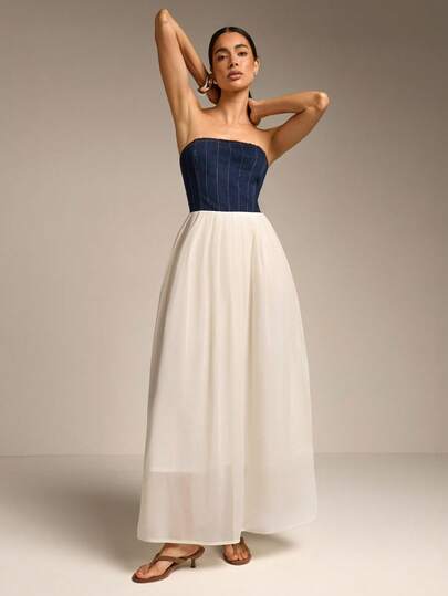 COSMINA Denim Women's Fashionable Elegant Contrast Color Strapless Denim Dress