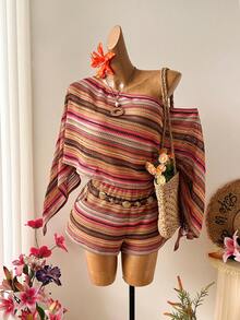 Soleia Plus Size Women Orange Asymmetrical Shoulder Top And Shorts 2 Pieces Set Autumn Boho Vacation Holiday Music Festival Summer Spring Outfit Beach - Multicolor - View 8