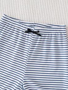 2pcs/Set Tween GirlsSummer Ribbed Ruffle Trim Short Sleeve Round Neck Top + Printed Striped Shorts Casual Outfit - Royal Blue - View 5