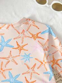 Baby Girls' Pink Bow Print Long Sleeve Ruffled Hem One-Piece Swimsuit - Pink - View 5