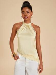 Travachic Áo quây hở lưng, viền ren satin thanh lịch, vạt áo bất đối xứng. - Màu vàng - Xem 5