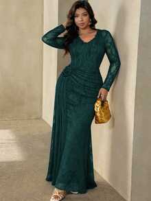 Modelyn Vestido elegante de encaje con volantes y decoración floral para mujer de talla grande - Verde Oscuro - Ver 3