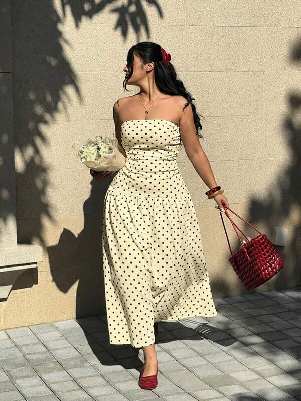 GalTyme Vestido tubo de mujer talla grande con estampado de lunares amarillo mostaza