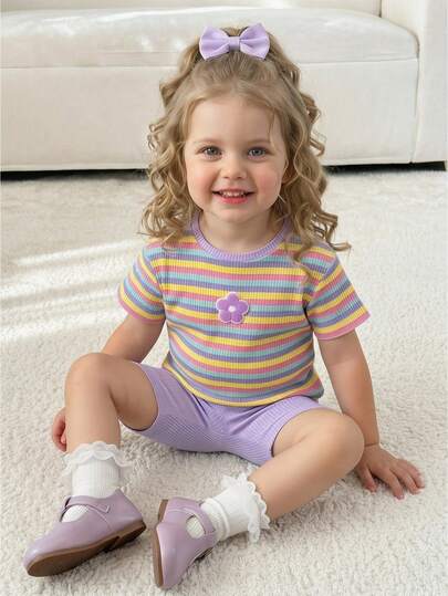 Cozy Pixies 女婴可爱夏季休闲百搭针织彩色条纹3D花朵短袖上衣和松紧腰短裤套装