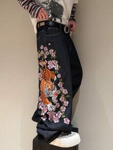 STEELVANCE Vintage Streetwear Embroidered Loose Straight Leg Casual Jeans, Versatile Daily Wear Plus Size - Black - View 4