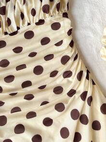 SHEIN Đầm dự tiệc cho bé gái tuổi teen, kiểu dáng thanh lịch, trễ vai, xòe rộng, xếp ly, ôm sát, đầm dự tiệc xếp tầng quá khổ, đầm màu ngà voi cho bé gái tuổi teen, đầm mùa xuân tay phồng, đầm thanh lịch tay phồng cho bé gái, đầm trễ vai cho bé gái. - Màu be - Xem 5