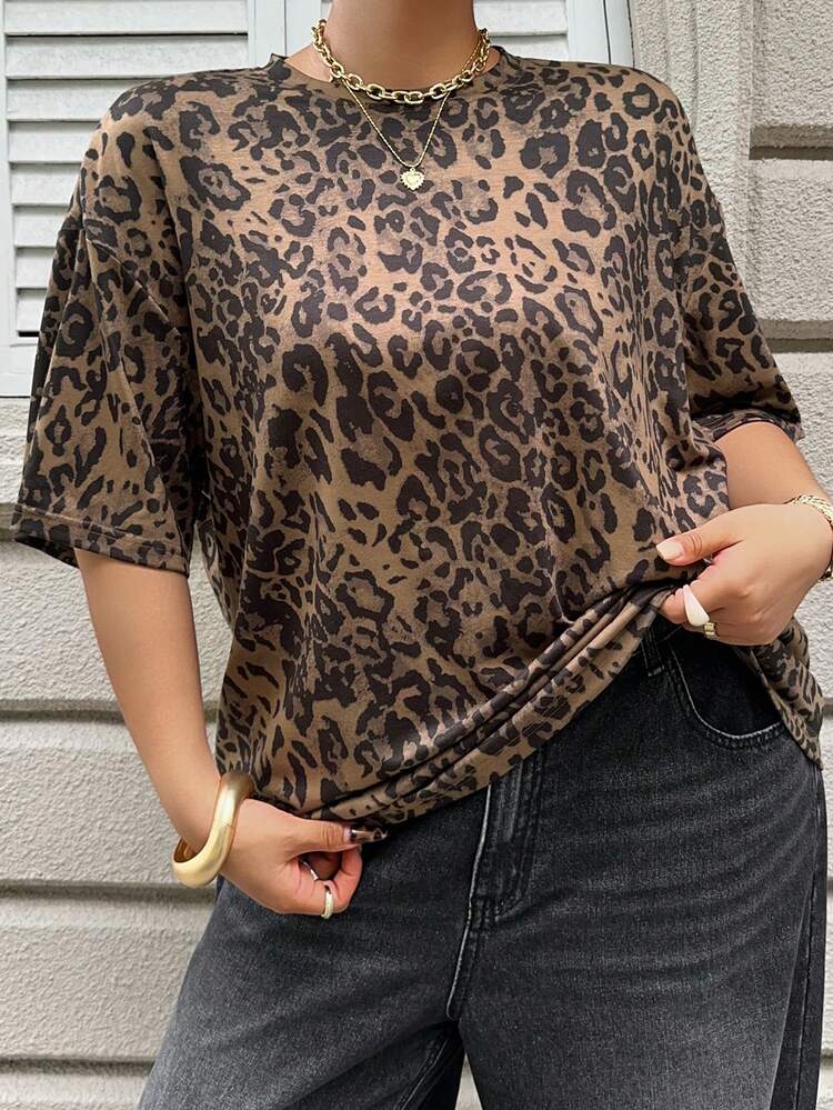 Dazy Plus Leopard Print Loose Fit Casual Plus Size T-Shirt For Women, Spring/Summer
