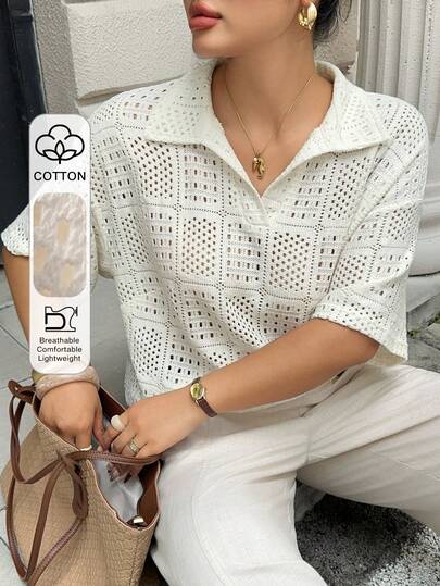 Dazy Plus 大码女式镂空纹理 Polo 领宽松短袖 T 恤，白色夏季款