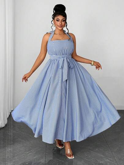 Maweii Vestido Casual Elegante de Verão/Primavera Feminino com Decote Quadrado, Laço e Listras Azuis e Brancas, Design Minimalista e Único, Uso Diário/Encontros, Vestido Longo Maxicom Tamanho Plus, Estilo Francês Sofisticado