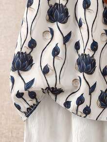 Linhara Plus Size Women's Solid Color Round Neck Double Layer Sleeve Short Casual Blouse, Pleated Fashionable Versatile Summer Holiday Ladies Tops - Blue - View 5