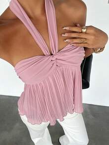 DAZY Solid Color Halter Backless Elegant Basic Sexy Summer Vest Top For Women Vacation Outfits Women Swimming Lilac School - Pink - View 5