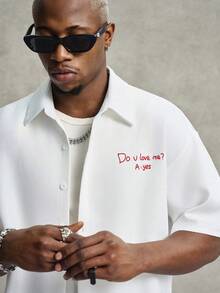 PAVTROS Men's Casual Letter Flocked Front Button Short Sleeve Shirt, Summer Funny Shirt Shirt With Text Custom Shirt Personalised Shirt - White - View 6