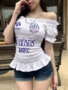 DAZY 女士露肩字母印花宽松运动T恤 - 白色 - 查看 11
