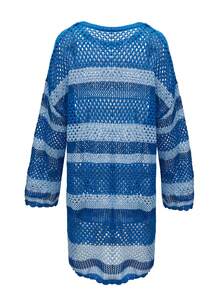 SHEIN Swim Plus Size Women Plus Size Long Sleeve Loose Gradient Pink Hollow Cute Beach Cover Up For Summer Beach Vacation - Blue - View 6