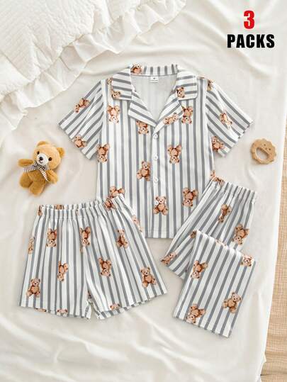 3pcs/Set Young Boy Summer Polo Collar Short Sleeve Top + Shorts, Striped Bestselling Bear Print Pattern, Flame Retardant Milk Silk Sleepwear & Loungewear