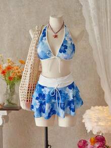 Bellisia Conjunto de 3 piezas de bikini de estilo casual de vacaciones con falda, top halter y patrón de flores para mujer, ideal para playa y festivales de música de verano - Multicolor - Ver 3