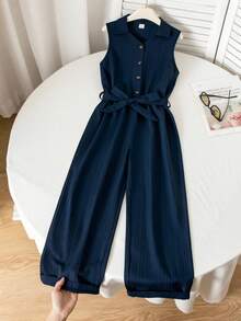 SHEIN Girls' Casual Vacation Spring & Summer Daily Outing V-Neck Sleeveless Belted Wide Leg Solid Color Jumpsuit,Holiday,Summer,Travel - Royal Blue - View 4