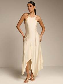Women's Elegant Draped Neck Sleeveless Asymmetrical Hem Dress, Versatile For Dating, Beach, Vacation, Spring/Summer - Apricot - View 2