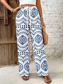 SHEIN Frenchy Quần nữ cạp chun in hoa phong cách retro bohemian, thích hợp cho kỳ nghỉ biển, tiệc cưới, đi chơi, đi làm, phong cách thanh lịch. - Nhiều màu - Xem 4