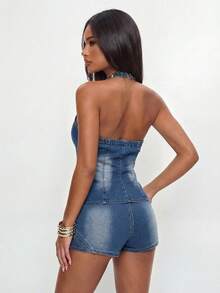 Avantive Top corto de denim con cuello halter y espalda descubierta - Azul lavado medio - Ver 3