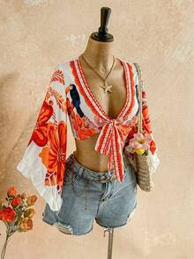 Soleia Camisa casual de vacaciones con estampado de leopardo, manga acampanada con volantes en los puños y nudo delantero - Naranja - Ver 6