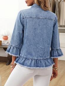 EMERY ROSE Mature Denim 女士喇叭袖单排扣荷叶边下摆休闲牛仔外套 - 藍色 - 查看 2
