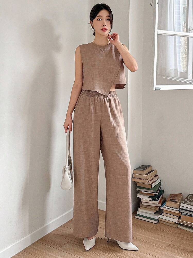 Women's Solid Color Sleeveless Shirt And Casual Pants 2 Pieces Set Lounge Sets For Women