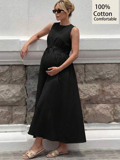 MaterniWear Pregnant Women's Versatile Solid Color Pleated Tie Waist Dress, Casual Everyday Wear