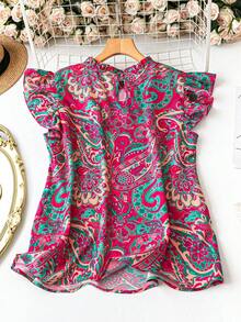 EMERY ROSE Blusa holgada con cuello de volantes, mangas cortas y estampado floral pequeño, elegante y dulce, adecuada para vacaciones y uso diario, tallas grandes para mujeres - Rojo - Ver 2