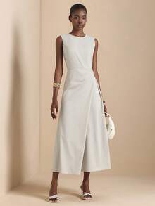 Vesra Spring/Summer New Round Neck Sleeveless Pleated Front Button Tie Waist Elegant Casual Long Dress For Women - Light Grey - View 5