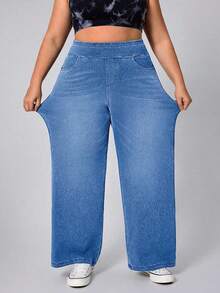 SHEIN CURVE+ Quần jean denim dệt kim co giãn dáng thường ngày dành cho nữ cỡ lớn - Rửa nhẹ - Xem 3