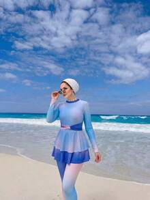 Swim Shayni 女士新款渐变印花圆领长袖上衣和修身长裤布基尼套装 - 彩色 - 查看 3