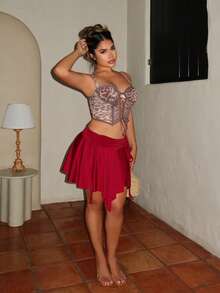 Maria Perezxox 女士新款秋季西部牛仔风格海滩休闲抽绳腰部不对称荷叶边下摆迷你裙 Y2K - 酒紅色 - 查看 3