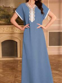 Al Najma Embroidered Floral Shoulder Sleeve V-Neck Elegant Arabic Dress - Dusty Blue - View 3