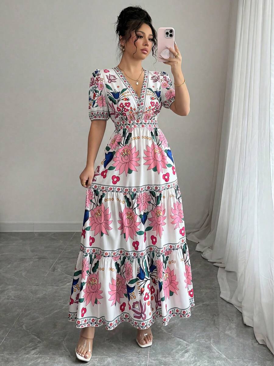 SHEIN Elenzya Đầm tay cánh hoa in họa tiết hoa dành cho nữ, kiểu dáng thanh lịch cho kỳ nghỉ. - Nhiều màu - Xem 1