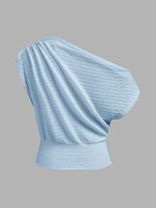 Siren Gaze Áo nữ màu trơn, vai lệch, kiểu dáng thường ngày, đa năng, thích hợp mặc hàng ngày. - Màu xanh nhạt - Xem 2