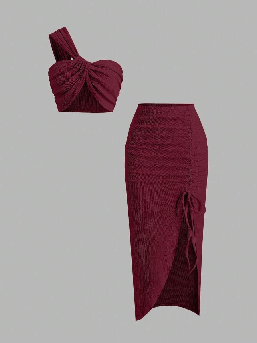 Sweetra Women's Asymmetrical Shoulder Tie Strap Ruched Crop Top And Mini Skirt 2-Piece Set - Burgundy - View 1